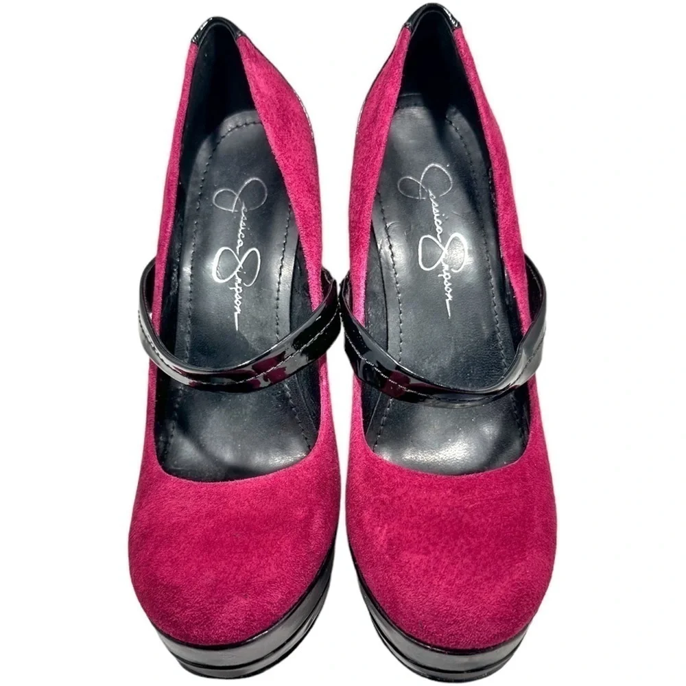Jessica Simpson- Hot Pink Suede Like Upper w/ Black Platform High Heel Pump- 6B